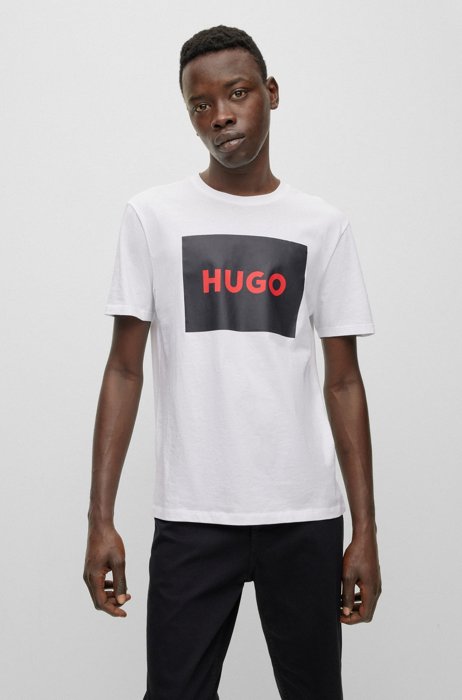 T-Shirt aus Baumwolle mit rotem Logo-Etikett, Weiß