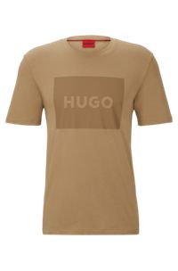 Camiseta de cuello redondo en punto de algodón con logo en caja, Marrón claro