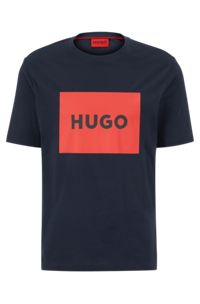 Camiseta de cuello redondo en punto de algodón con logo en caja, Azul oscuro