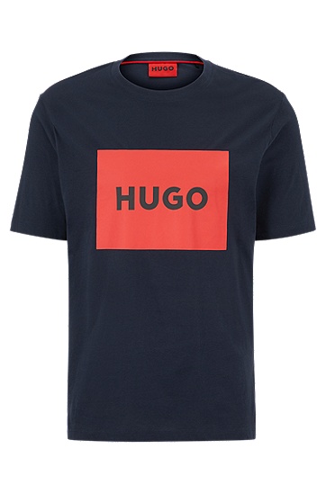 HUGO 雨果红色徽标标签棉质 T 恤,  405_Dark Blue