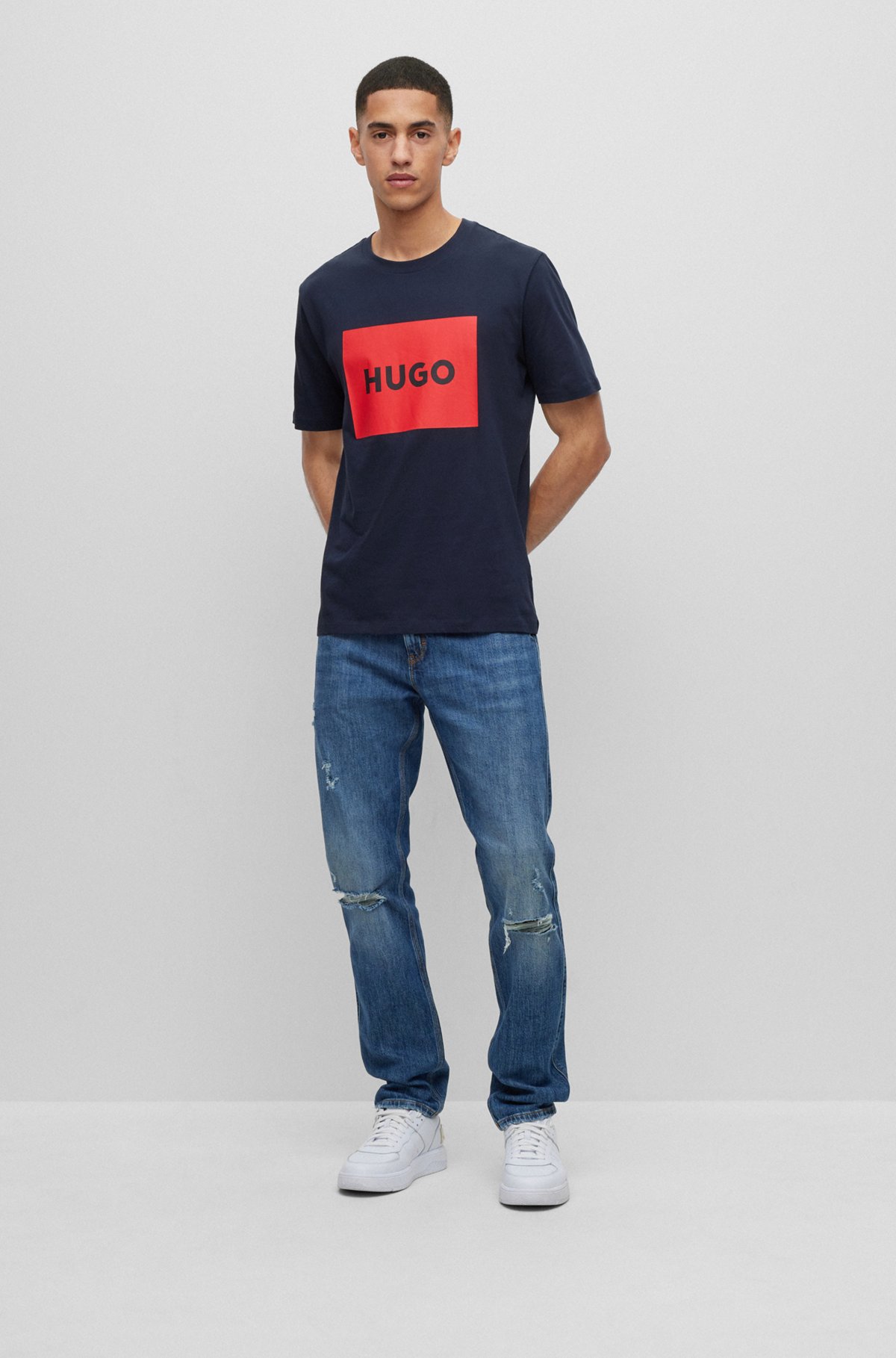 Cotton-jersey regular-fit T-shirt with logo print, Dark Blue