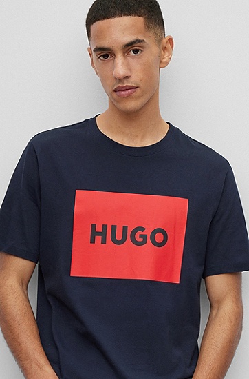 HUGO 雨果红色徽标标签棉质 T 恤,  405_Dark Blue