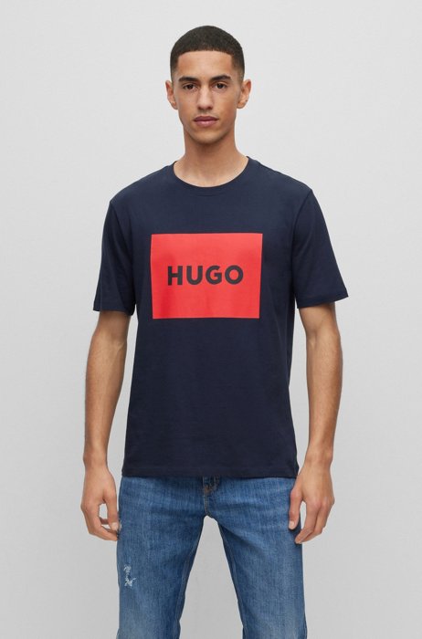 T-Shirt aus Baumwolle mit rotem Logo-Etikett, Dunkelblau