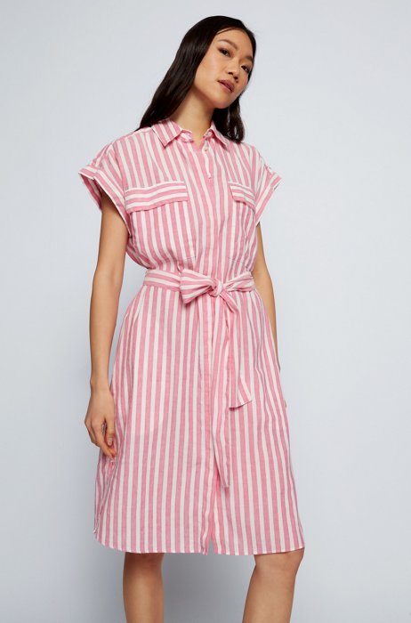 Relaxed-fit striped shirt dress with tie-up belt, Patterned