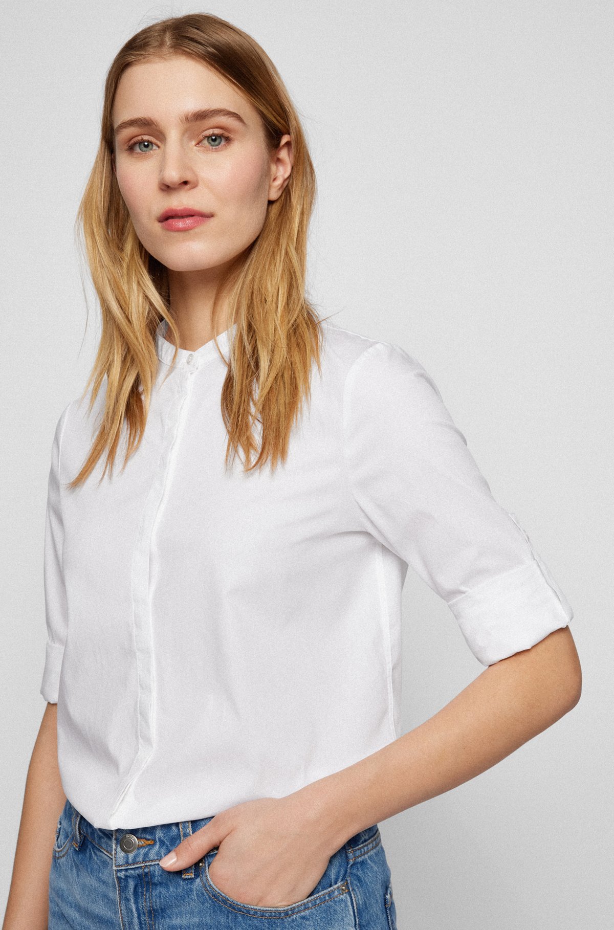 Collarless relaxed-fit blouse in cotton poplin, White