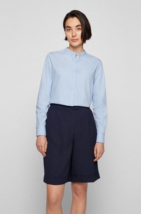Collarless relaxed-fit blouse in cotton poplin, Light Blue