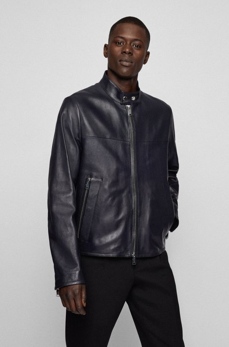 Mixed-leather slim-fit jacket with two-way zip, Dark Blue