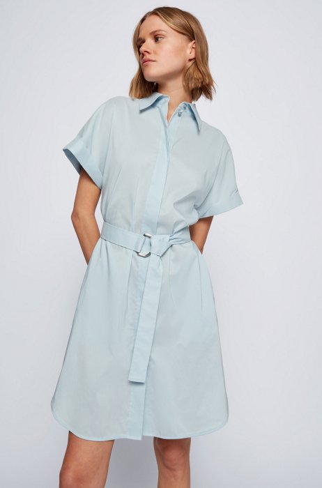 Cotton-blend shirt dress with D-ring belt, Light Blue