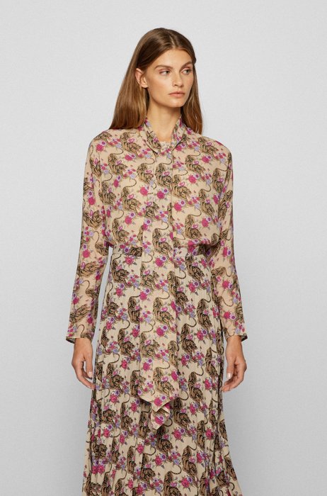 Tie-neck blouse with tiger and floral print, Patterned