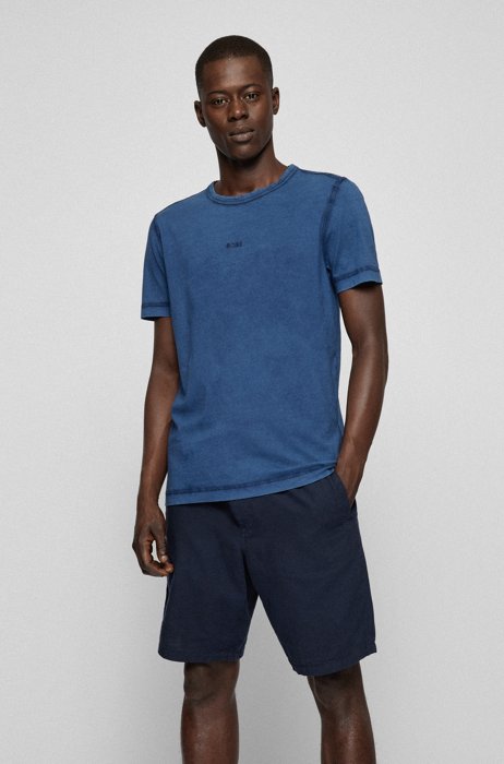 Garment-dyed organic-cotton T-shirt with logo print, Dark Blue