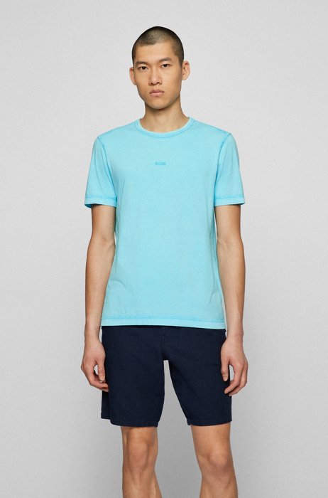 Garment-dyed organic-cotton T-shirt with logo print, Light Blue