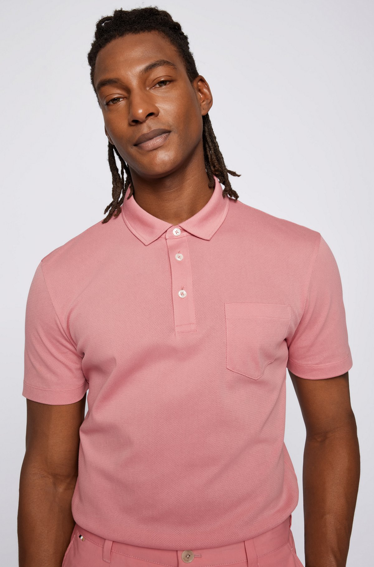 Cotton-mesh polo shirt with chest pocket, light pink