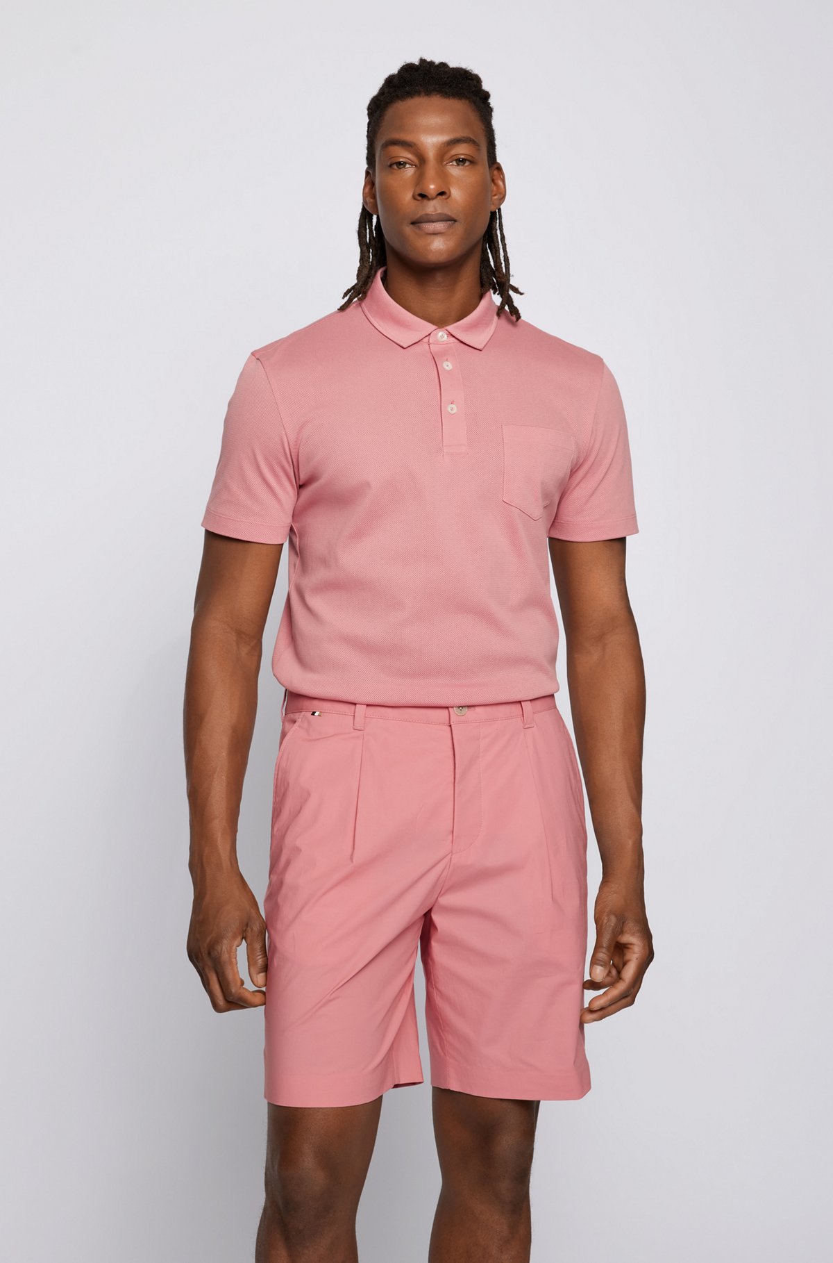 Cotton-mesh polo shirt with chest pocket, light pink