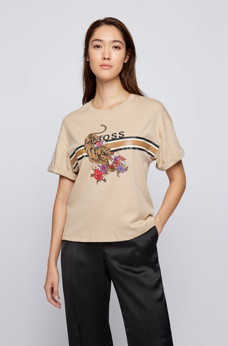 Relaxed-fit cotton T-shirt with tiger artwork and logo, Light Beige