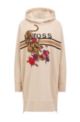 Longline hooded sweatshirt in organic cotton with tiger artwork, Light Beige