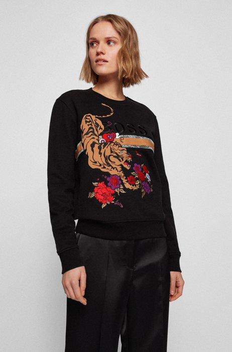 Sweater van biologische katoen met tijgerthema en logo, Zwart