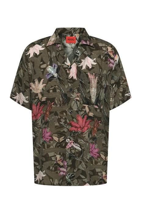 Short-sleeved shirt with all-over seasonal print, Brown Patterned