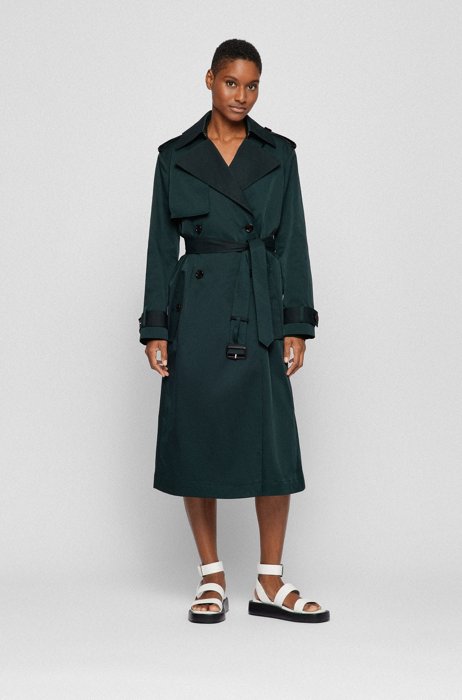 Water-repellent trench coat with belted waist, Dark Green