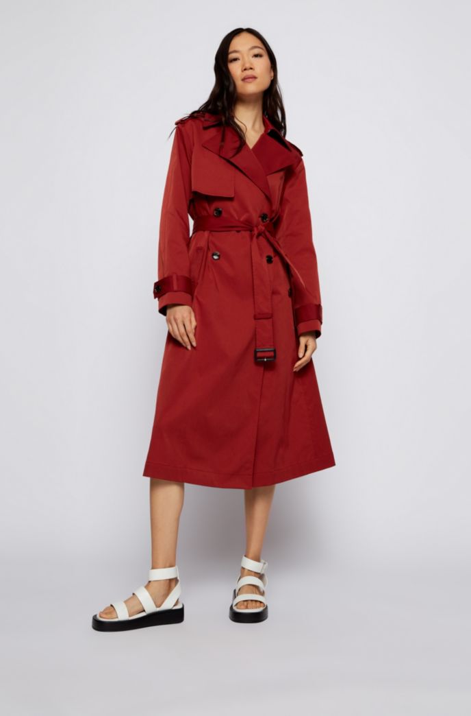 Water Repellent Trench Coat With Belted, Red Short Belted Trench Coat