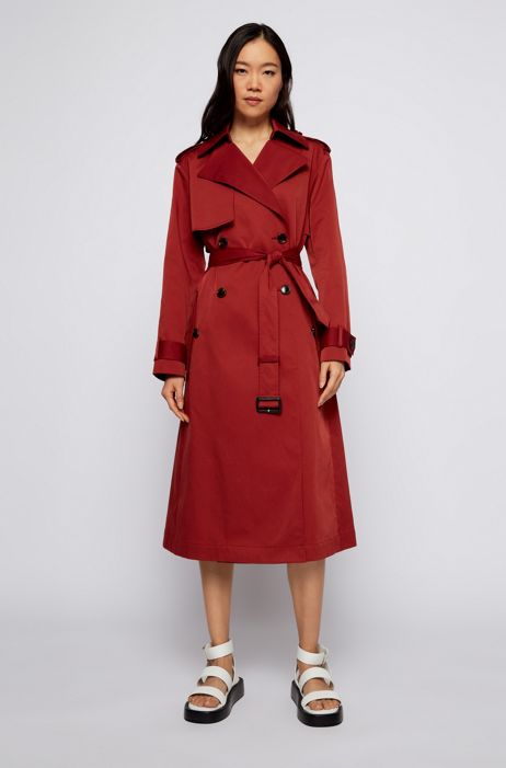 Water Repellent Trench Coat With Belted, Red Short Belted Trench Coat