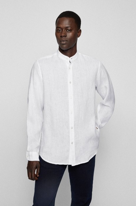 Regular-fit shirt in pure linen with stand collar, White