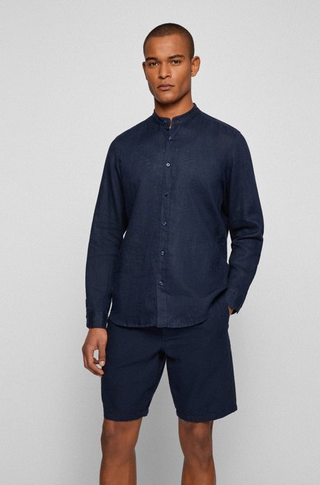 Regular-fit shirt in pure linen with stand collar, Dark Blue
