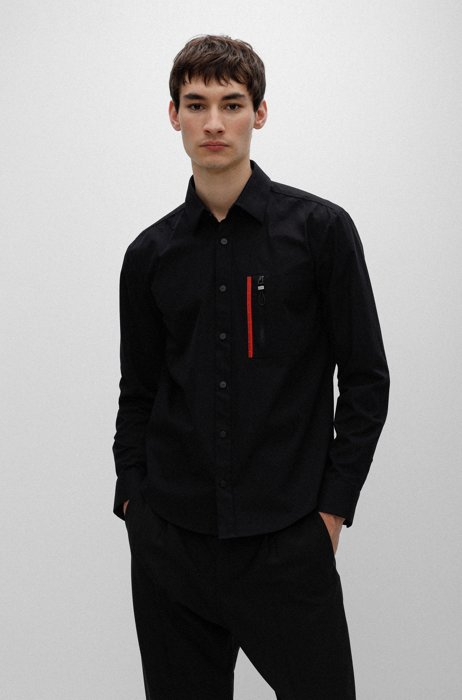 Slim-fit shirt in cotton with zipped chest pocket, Black