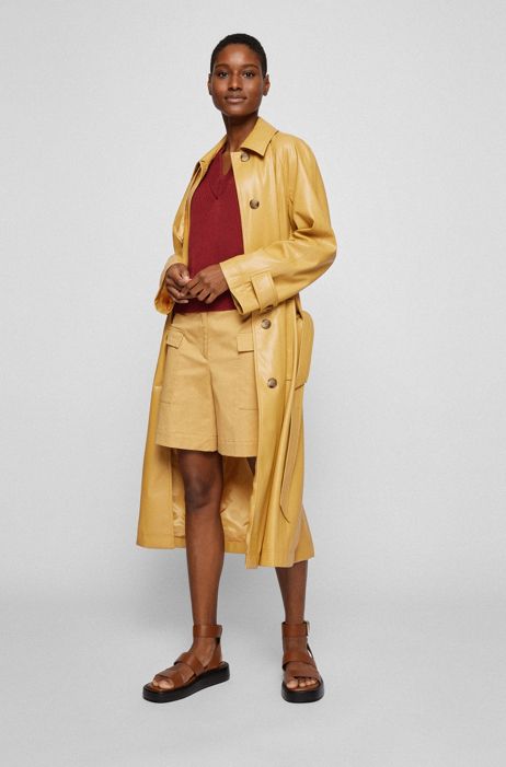 Faux Leather Trench Coat With Stitched Belt, Faux Leather Trench Coat Buckle