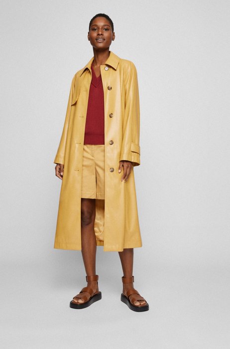 Faux-leather trench coat with stitched belt, Dark Yellow