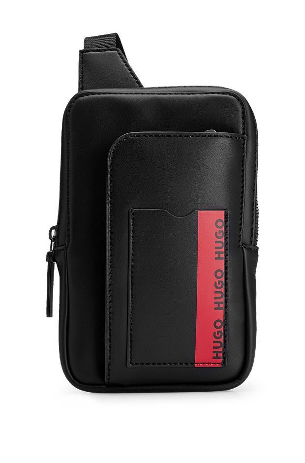 Faux-leather neck pouch with logo-trimmed pocket, Black