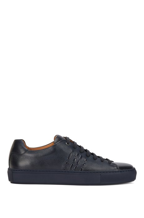 Grained-leather trainers with monogram detail, Dark Blue