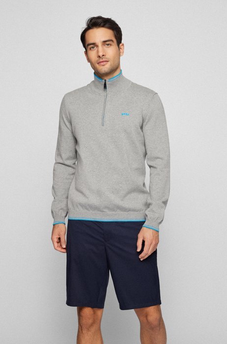 Organic-cotton zip-neck sweater with contrast details, Light Grey