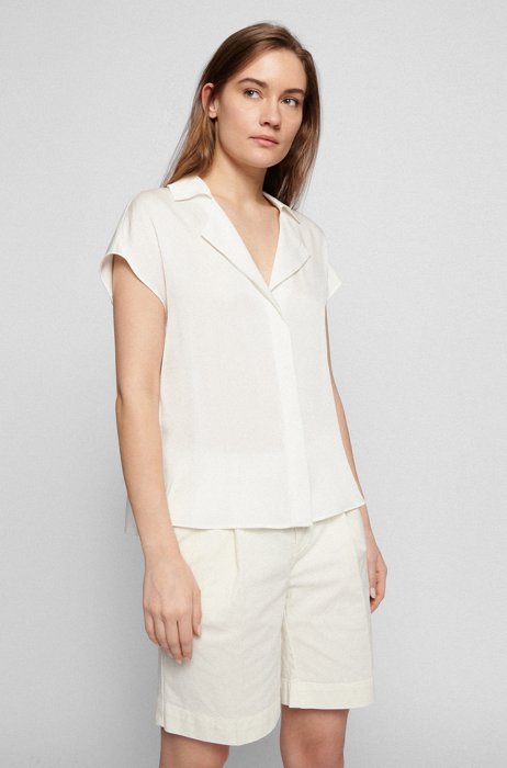 Blusa de manga corta regular fit en seda con elástico, Blanco