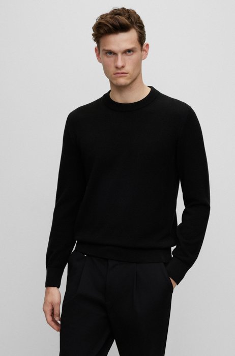 Crew-neck sweater in structured cotton with stripe details, Black