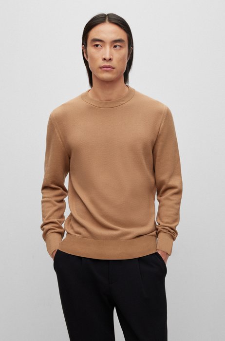 Crew-neck sweater in structured cotton with stripe details, Beige