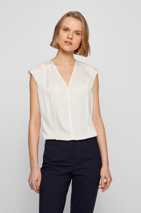 Relaxed-fit top in stretch silk with keyhole closure, White