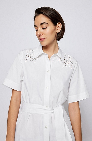 英格兰刺绣图案棉质衬衫式连衣裙,  100_White