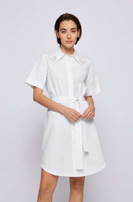 Cotton shirt dress with broderie anglaise, White