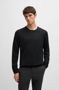 Slim-Fit Pullover aus Merinowolle mit Rundhalsausschnitt, Schwarz