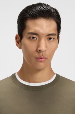Slim-fit sweater in merino wool, Khaki