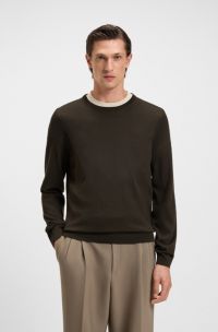 Slim-fit sweater in merino wool with crew neckline, Dark Brown