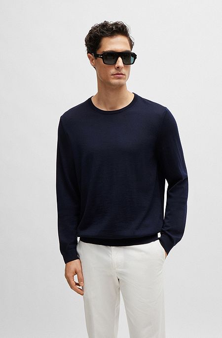 Slim-fit trui van scheerwol met ronde halslijn, Donkerblauw
