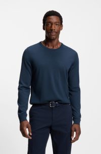 Slim-fit sweater in merino wool with crew neckline, Dark Blue