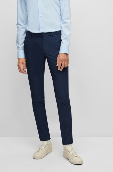 Pantalon Slim Fit en coton mélangé avec pinces sur le devant, Bleu foncé