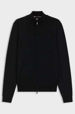 Zip-up cardigan in extra-fine merino wool, Black