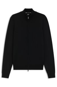 Zip-up cardigan in extra-fine merino wool, Black