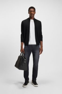 Zip-up cardigan in extra-fine merino wool, Black