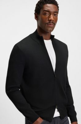 Zip-up cardigan in extra-fine merino wool, Black