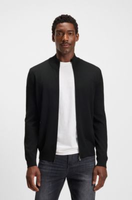 Zip-up cardigan in extra-fine merino wool, Black