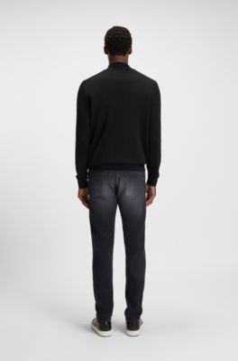 Zip-up cardigan in extra-fine merino wool, Black